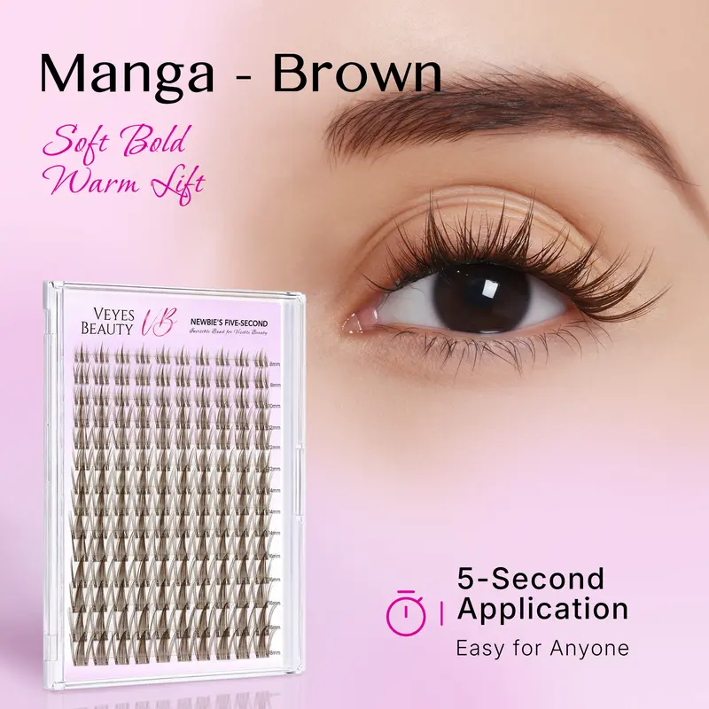 VEYESBEAUTY Manga Brown Eyelash Clusters Kit - DIY Eyelash Extensions for Adults, Kawaii Cosmetic False Lashes with Bond, Seal, Tweezers, Remover for Dramatic Anime Spike Look (Kawaii False Lashes & Adhesives)