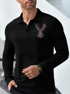 Men's Long Sleeve Polo Sweatshirt, High-Quality Waffle Knit, Christmas Deer Print, Slim Fit, Casual Wear, All Seasons, Soft Breathable Fabric