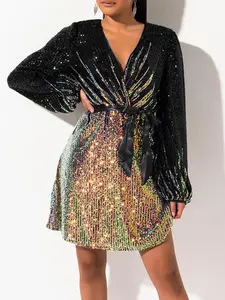 Plus Size Long Sleeves Wrapped V Neck Sequins Skater Style Cocktail Evening Club Dress Formal Top