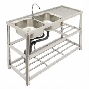 100kg/200.46 lbs Freestanding Stainless Steel Sink 2 Basins Commercial with Tap and Drain Unit Multifunctional Wash Basin