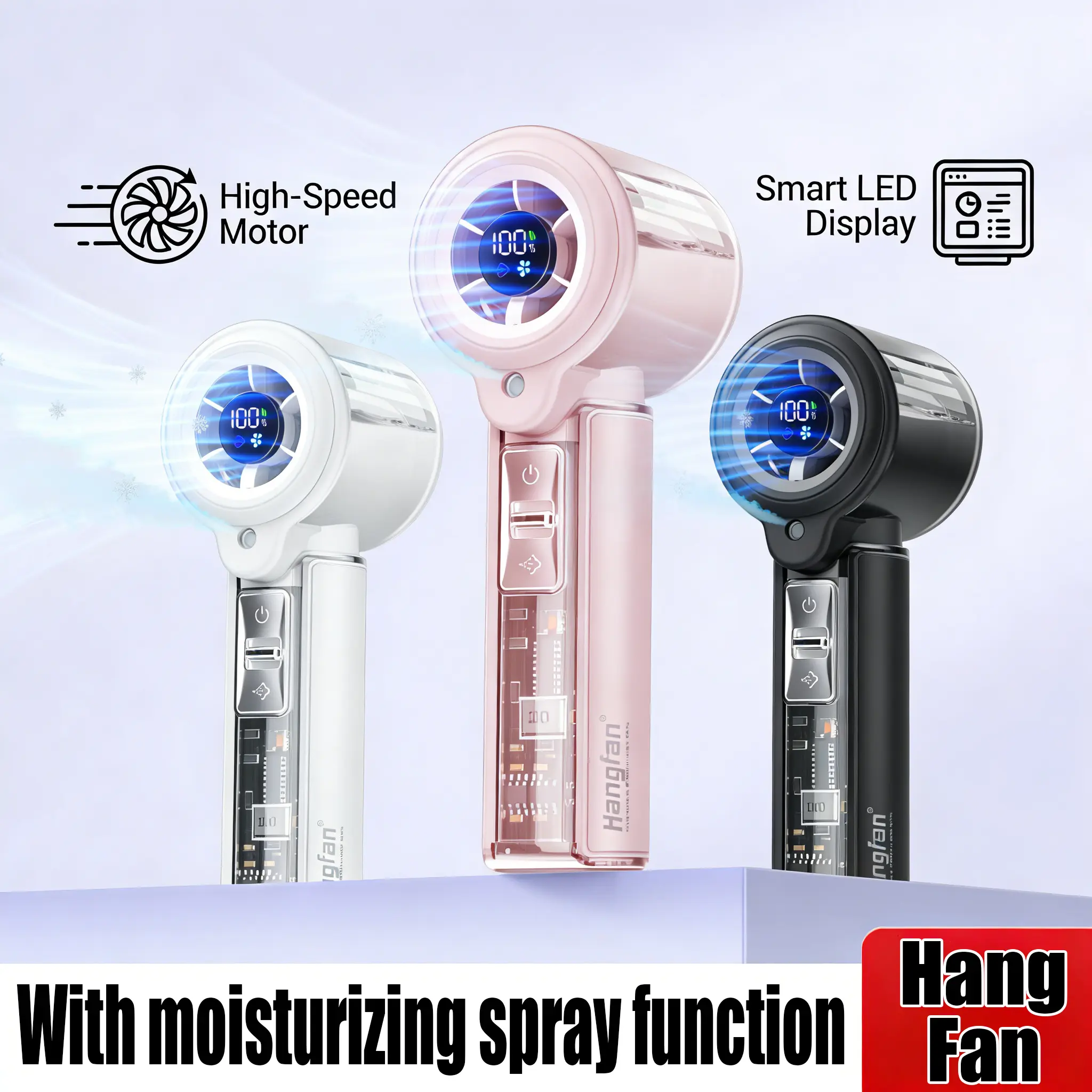Hangfan Handheld Fan with LED Display | Portable High-Speed ​​Fan | USB Rechargeable Handheld Fan | 3000mAh Rechargeable Battery | Up to 10 Hours of Battery Life — Ideal for Students, Outdoor Activities, Travel, Office, and Bedroom Use Multifunction Fan