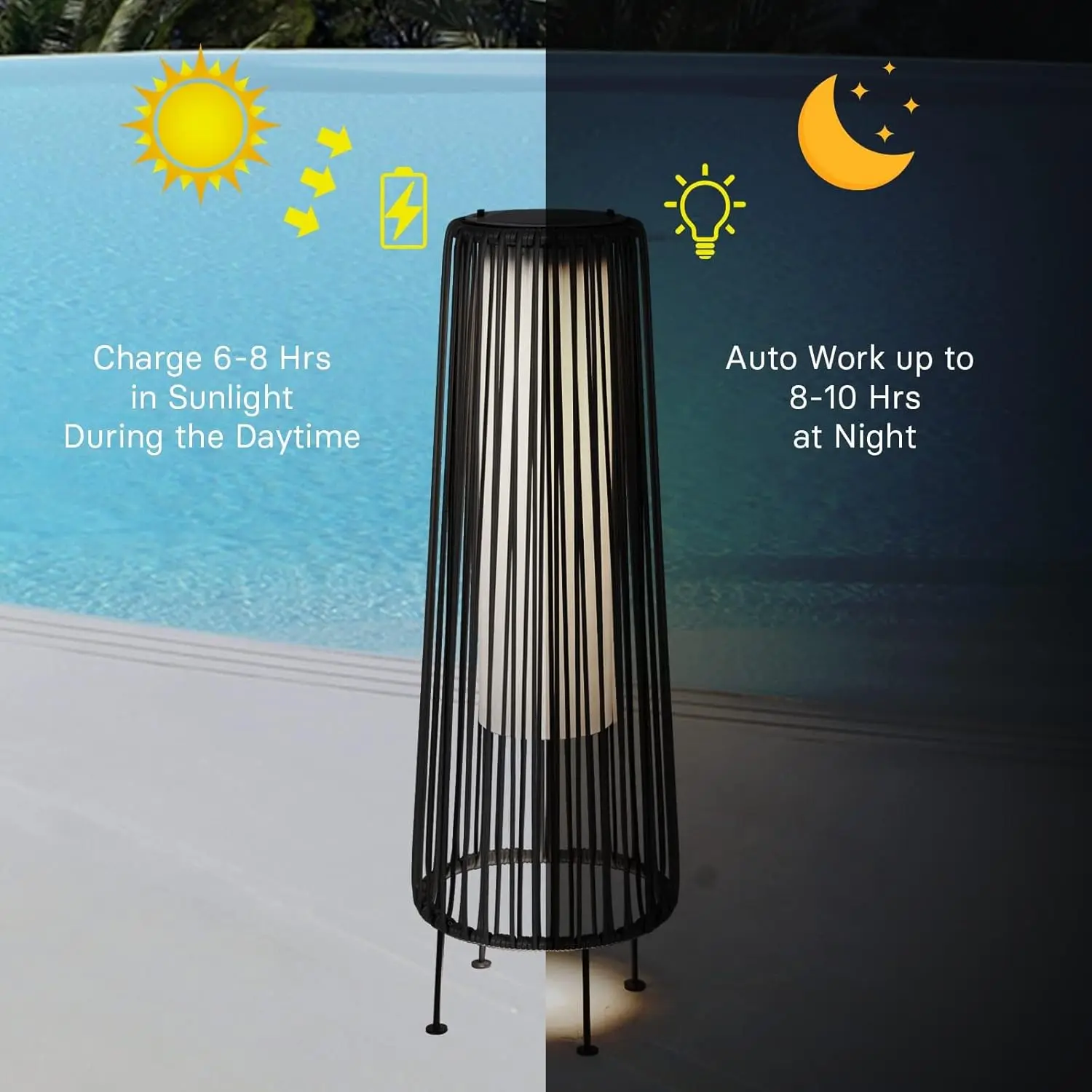 JT Morolux Solar Rattan Floor Lamp Outdoor, Waterproof LED Standing Lights, Handwoven Black Wicker Solar Patio Lamps for Garden, Porch, Yard, Deck, Lawn Decorations – Auto On/Off (Black)