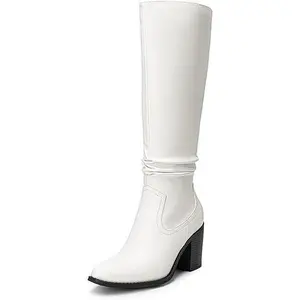 DREAM PAIRS Women's Comfortable Chunky Block Heel Pointed Toe Pull On Side Zipper Suede Slouch Riding Knee-High Boots