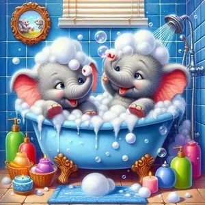 Cute Twin Baby Elephants Bubble Bath, Funny Bathroom Animal Scene 5D Full Drill Diamond Painting Kit, Crystal Rhinestone Embroidery, Whimsical Home Wall Decor, DIY Craft for Living Room, Art & Craft Enthusiasts