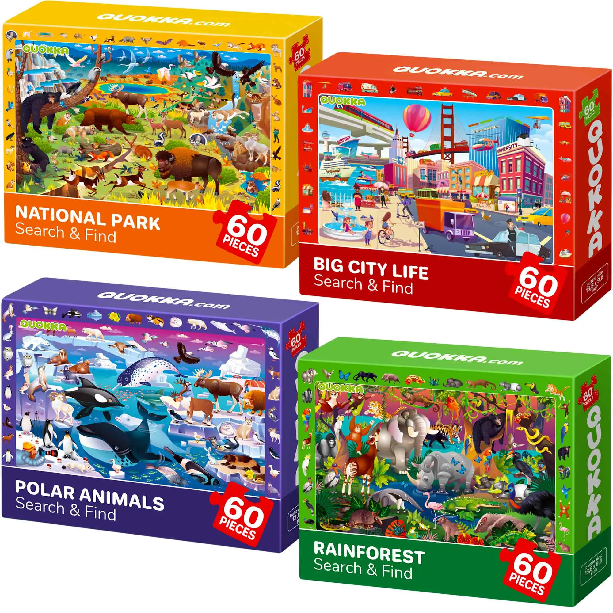 QUOKKA 4-Set 60-Piece Cardboard Creative Puzzle Game - Cognitive Jigsaw, Interactive Games Jigsaw Puzzles for Kids Ages 5-8 with Thematic Scenes (Forest, Polar, USA National Park, City Life) Detail Focus Toy, Cognitive Jigsaw Puzzles