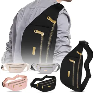Oxford Cloth Crossbody Belt Bag Unisex Waterproof Large Capacity Adjustable Strap Travel Essentials in Black & Bright Pink