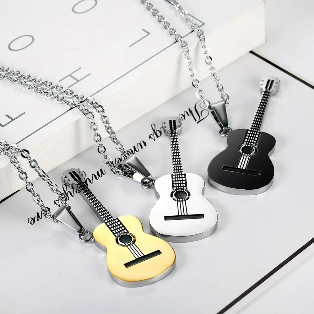 Stainless Steel Punk-Style Guitar Pendant Necklace - Durable, Sleek Appearance, Steel Punk Edge Concert Style Necklace, Guitar-Fan Gift for Boyfriend, Versatile Fashion Costume Jewelry for Birthdays