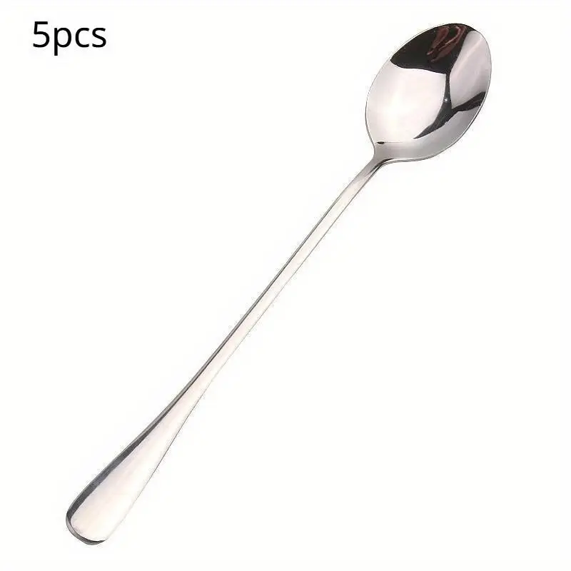 5pcs Stainless Steel Long Handle Ice Tea Spoon, Coffee Spoon, Ice Cream Stirring Spoon, Dishwasher Safe, Kitchen Accessories, Utensils, Flatware Set