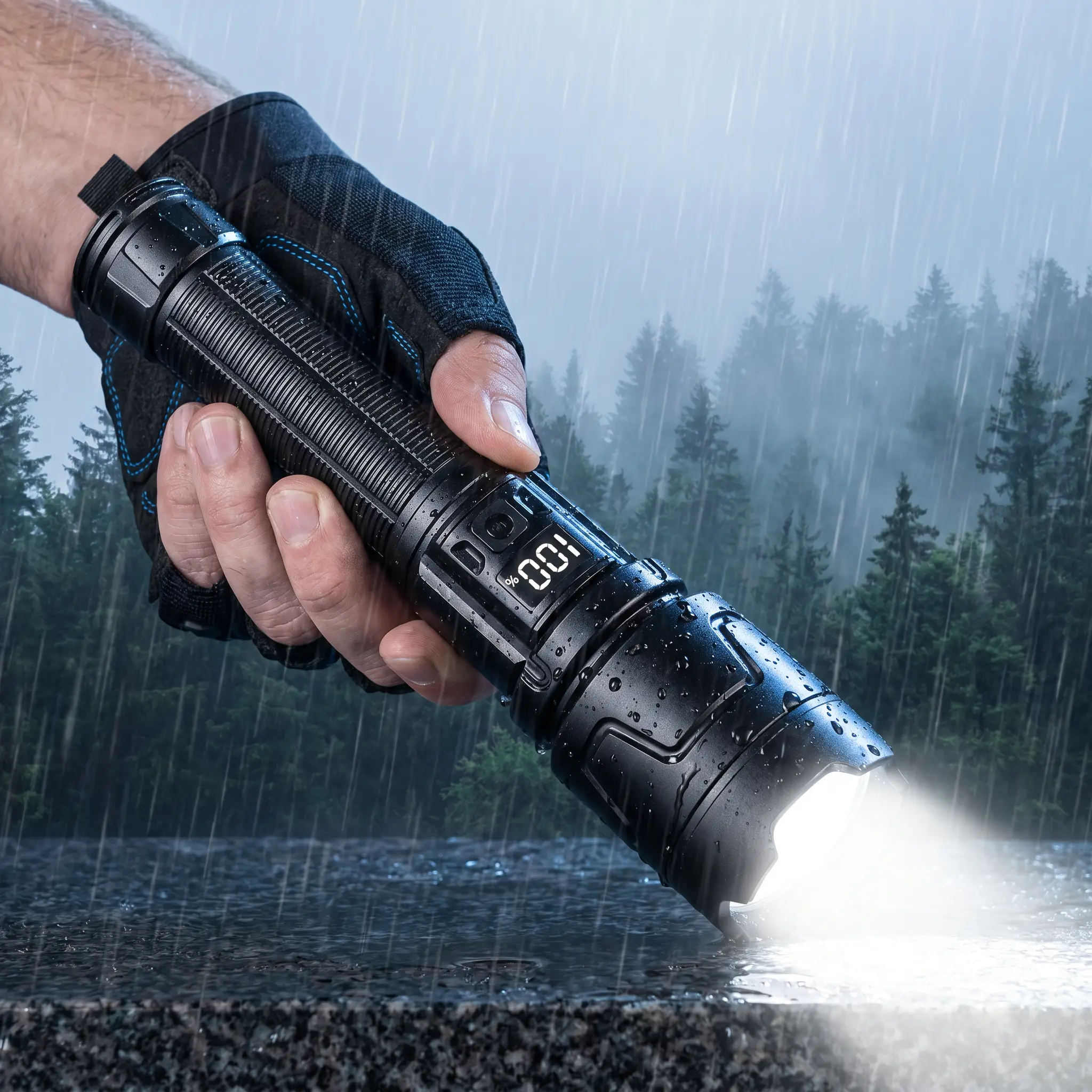 Zoomable Rechargeable LED Flashlight with Digital Power Display, Anti-Slip Metal Torch for Camping Emergency Night Work