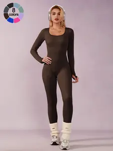 Women's Sporty Comfy Jumpsuit U-Neck Design, Tight Ribbed Waist, Seamless Knit Fabric, Long Sleeve, Above Ankle Length, Spring & Fall