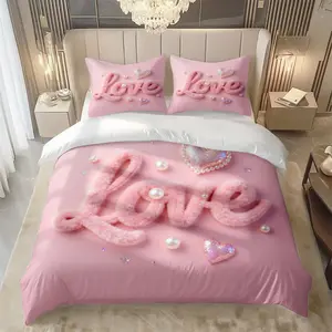 2/3Pcs Pink Plush Love Pattern Decorative Duvet Cover Set(1*Duvet Cover+1/2*Pillowcase,No Filling)Digital Print,100% Polyester Fiber,Machine Washable,Perfect Gift For Family,Friends On Festivals,All Season Use