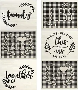 6 count Farmhouse Swedish Kitchen Dishcloths Black and White Buffalo Plaid Sponge Cloth Love Family Together   Absorbent Hand Towels for Kitchen Bathroom and Cleaning Counters