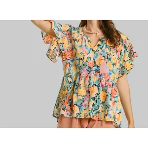 UMGEE V-NOTCH FLORAL SHORT RUFFLE SLEEVE TOP