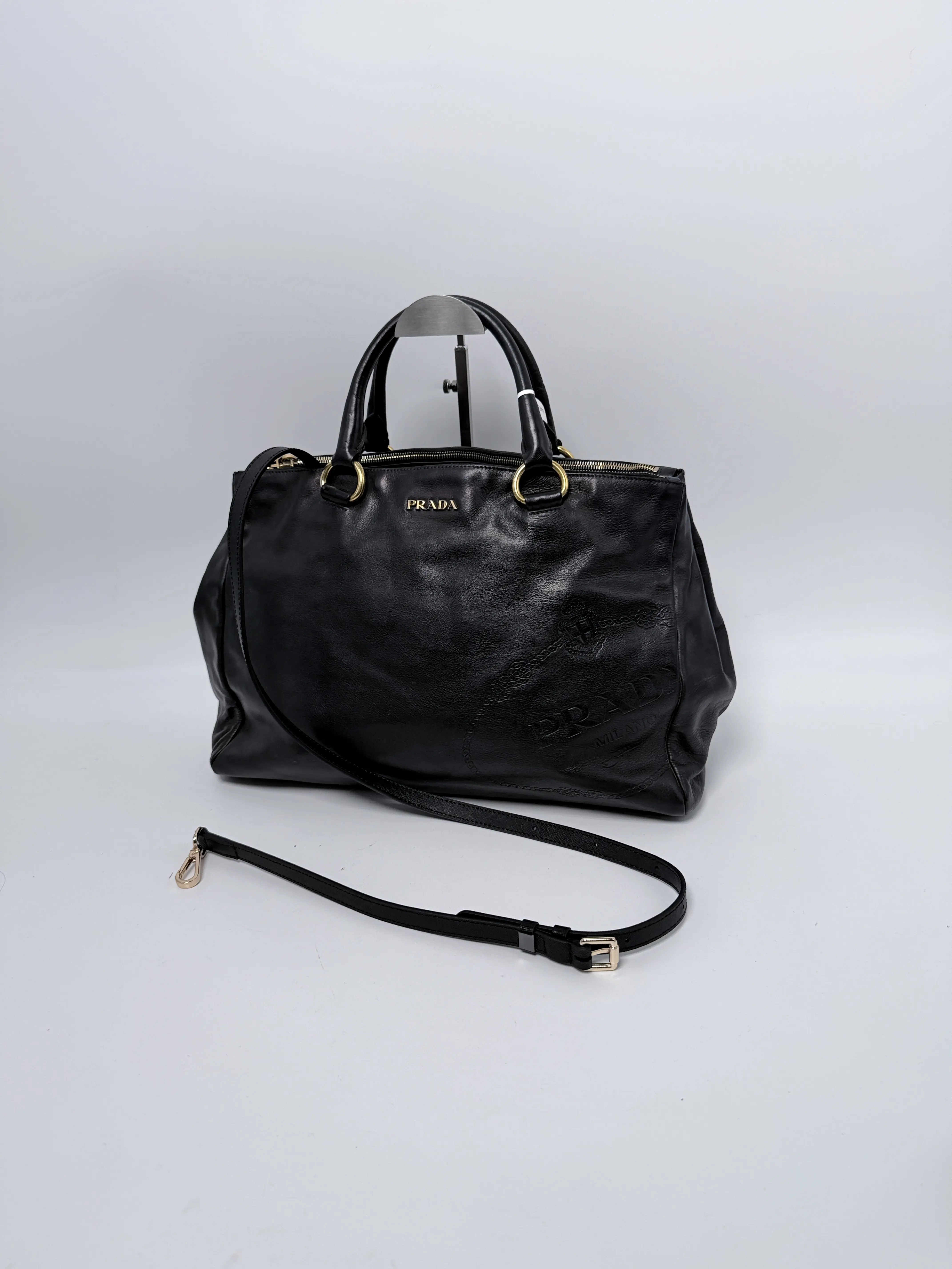 Pre-owned PRADA leather Shoulder Bags Soft Calf Double Zip Satchel Bag Black JA953PR