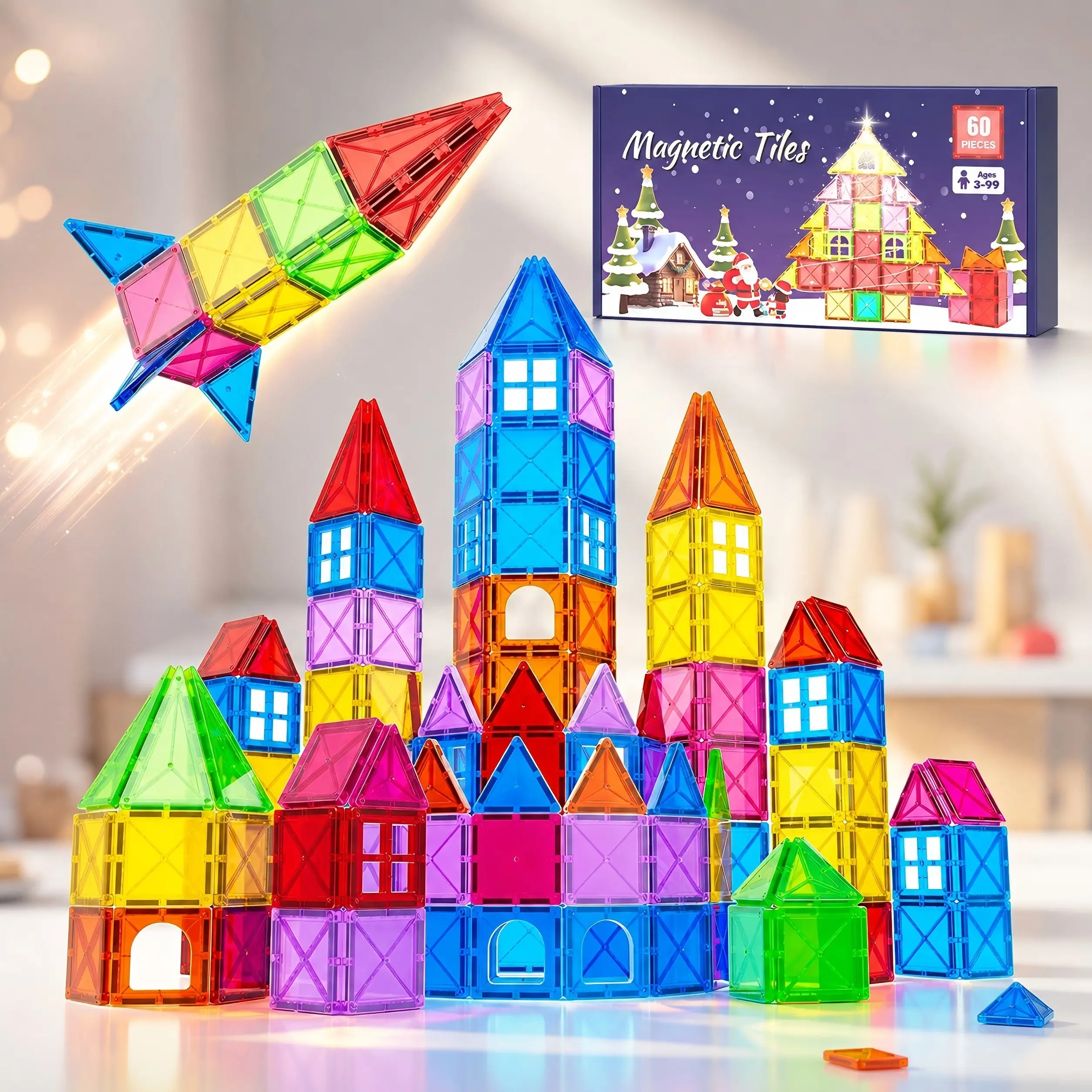 Mini Magnetic Tiles 60PCS for Kids Ages 3+, Travel Magnetic Building Blocks, STEM Learning Construction Toy, Toddler Educational Montessori Toys, Sensory Preschool Toys for Boys Girls, Birthday Christmas  novelty  super braintoy stress relief gift