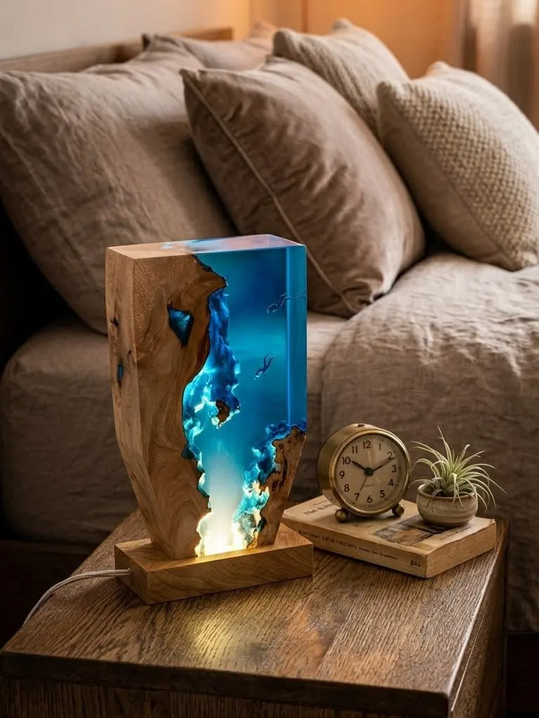 Deep Sea Diver Ocean Lamp, Handmade 3D Underwater LED Night Light with Wooden USB Base, Ocean Scene Desk Decor, Seabed Art Lamp for Bedroom Office, Unique Gift for Ocean Lovers