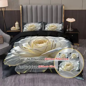 2D Print 3-Piece Background Semi-Transparent Rose Pattern Bedding Set, Soft Breathable Polyester Fabric, All Seasons