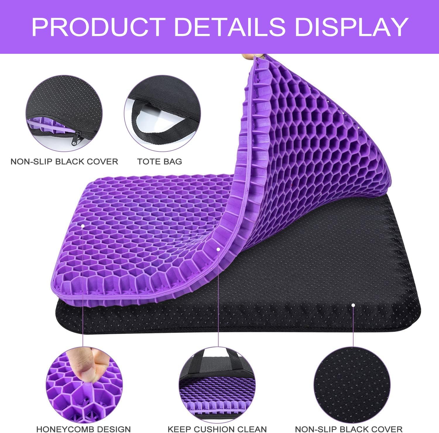 Gel Seat Cushion for Long Sitting - Double Thick Honeycomb Design, 16.5x14x1.5inch, Non-Slip Cover, Sciatica Pain Relief, Office Chair, Car, Wheelchair, Travel, Machine-Washable, Ergonomic, Cool & Comfortable