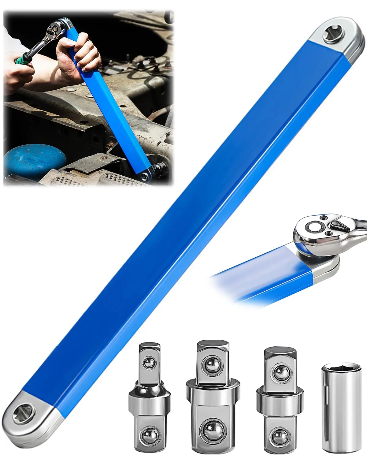 【Deals for you】Upgraded Offset Extension Wrench Set, 15Inch Tight Reach Ratchet Wrench with 1/4", 3/8", 1/2" Square Drive Adapters, Heavy Duty Steel Extension Wrench