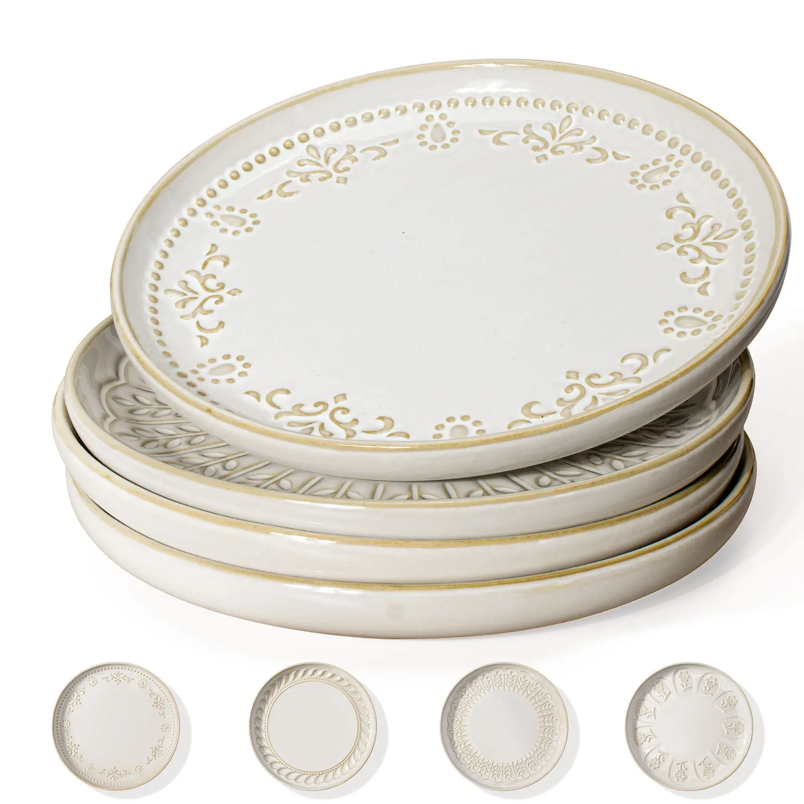 Artena 8.5-Inch Embossed Decorated Ceramic Salad Plates Set of 4 - Lipped Edges, Ceramic Dinner Sets, Dishwasher/Microwave/Oven Safe Kitchen Serving Dinnerware, Decorated Plates