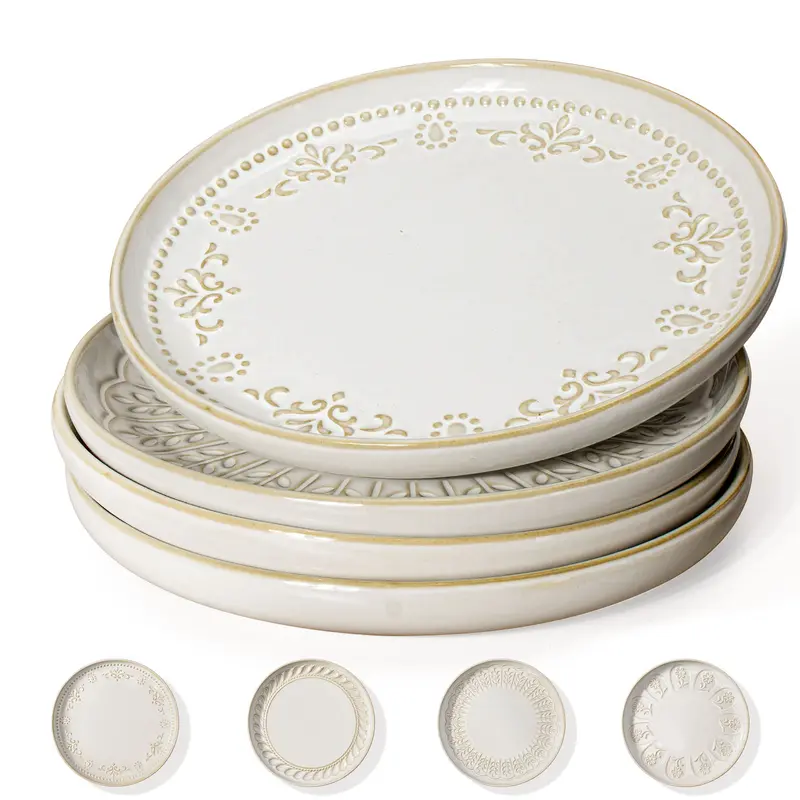 Artena 8.5-Inch Round Thick Embossed Glazed Ceramic Salad Plates Set of 4 - Lip Edge, Modern Ceramic Dinnerware, Retro Floral Decor, Dishwasher/Microwave/Oven Safe, Stacks Neatly, Sturdy Tableware, Birthday Gift Idea, Sohochic