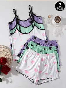 Women's Heart Print Sleepwear Pajama Set, Sleeveless Top with Shorts, Breathable and Comfortable Casual Homeewear, All Seasons