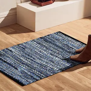 Hand Woven Area Rug Jute Denim 2x3  - Rustic Farmhouse Bohemian Accent Rug for Living Room Bedroom Kitchen Entryway Floor Mats Anti Skid - Ideal for High Traffic Areas Rag Rug