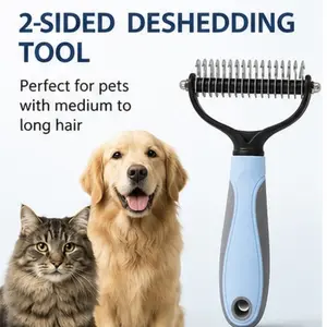 Pet Detangling Comb, Double-Sided Grooming Brush for Dogs & Cats, One-Click Clean Undercoat Rake for Shedding Mats