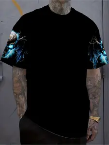 A men's casual streetwear pattern T-shirt - Lightning Skull 3D printed version, 100% polyester fiber, regular fit short sleeve, Round Neck, machine washable, suitable for summer outdoor activities clothing, Menswear