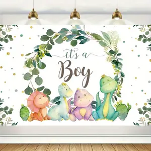 1PC,2D Flat Dinosaur Theme It's a Boy Baby Shower Backdrop, Watercolor Green Plants & Cute Dino Gender Reveal Party Decoration, Newborn Welcome Party Photo Background, Boy Birthday Party Wall Dec