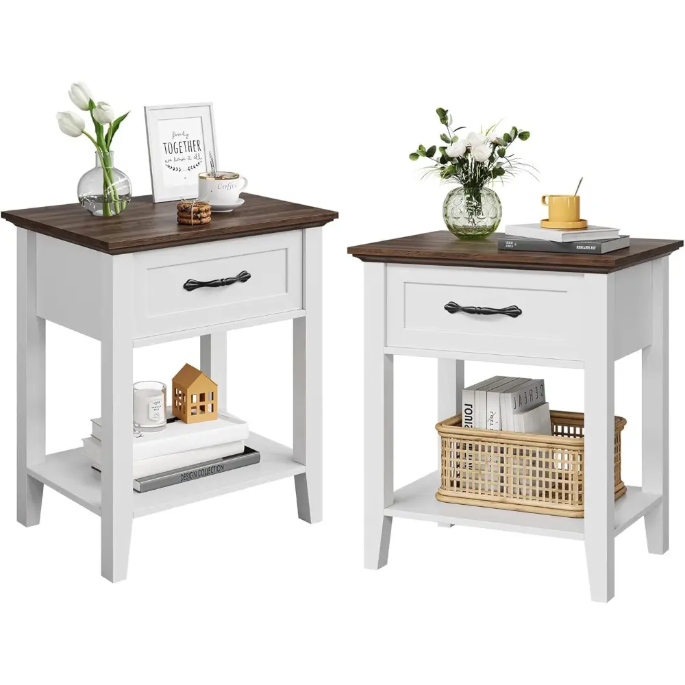Nightstands Set of 2, End Table with Drawer, Side Table for Spaces, 2 Tiers Storage Shelves with Dresser, Bedside Table for Living Room, Bedroom, Dorm