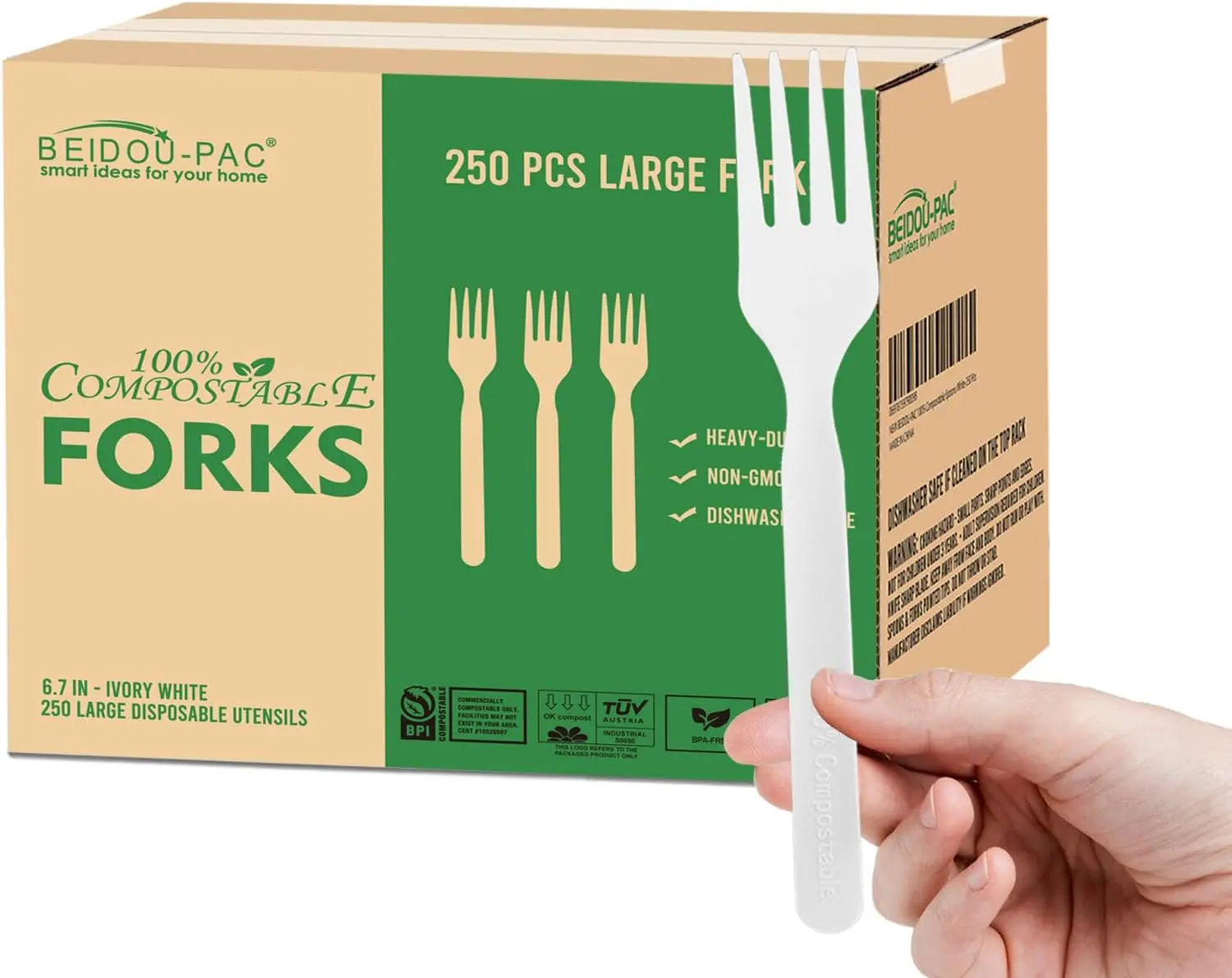 BEIDOU-PAC 250 Count Compostable Disposable Non Plastic Forks, Large Heavy Duty Biodegradable Utensils, Eco Friendly Durable Sturdy Recyclable Forks Flatware Silverware for Party Wedding Daily Use