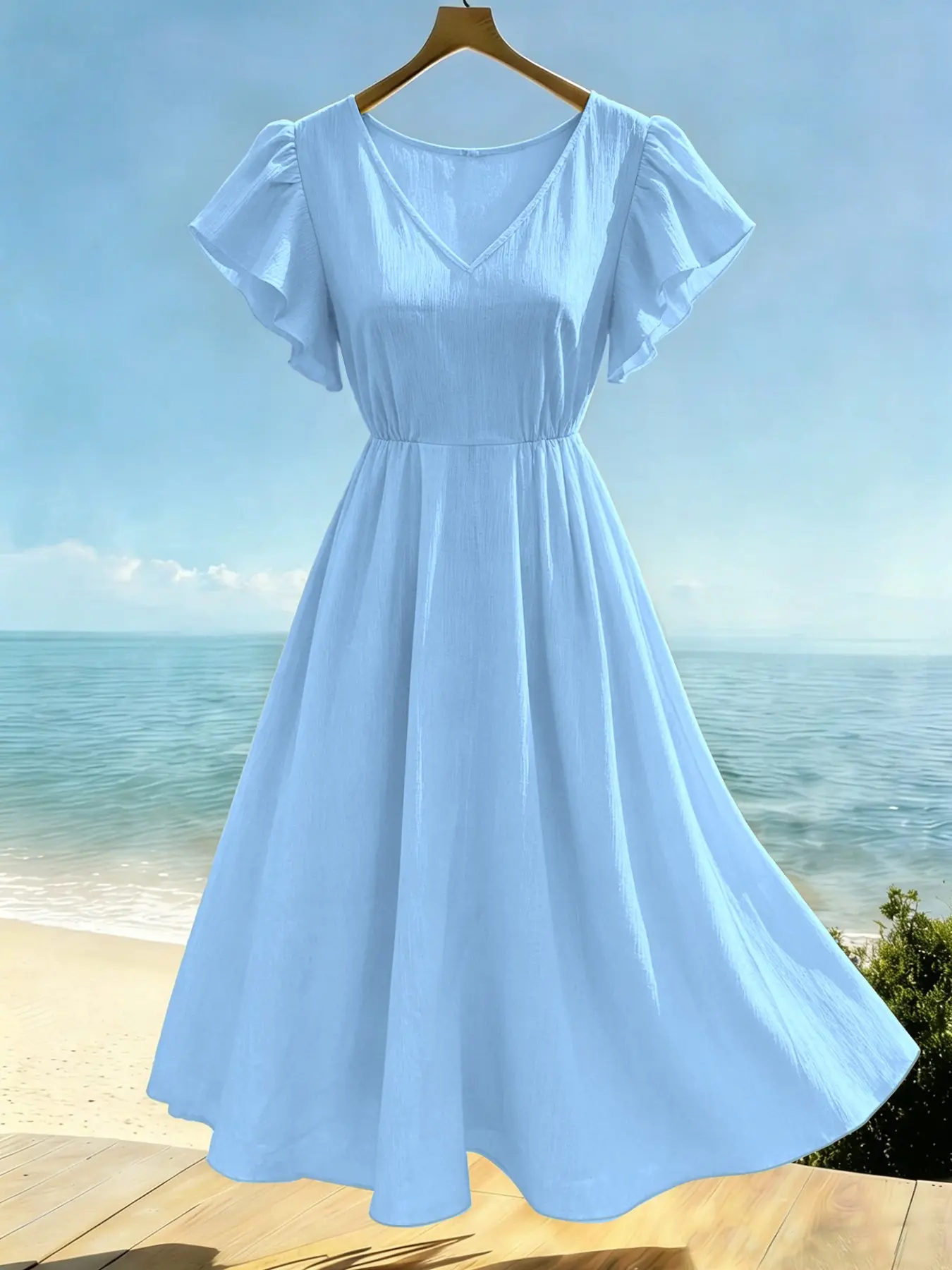 Spring Summer V Neck Flutter Butterfly Sleeve Lightweight Chic Beach Dress, Slimming High Waist Long Dress, Comfortable Breathable Fabric, Casual Style for All Seasons