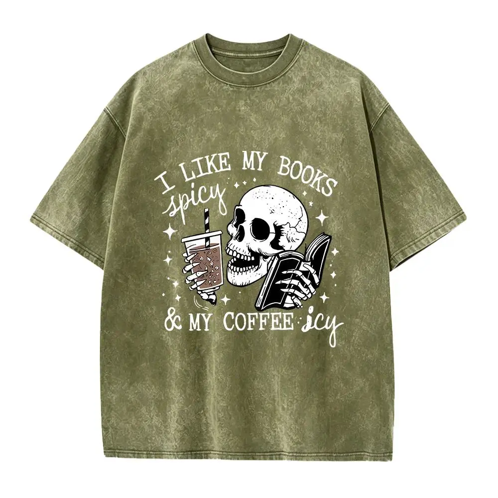 I Like My Books Spicy and My Coffee Icy Graphic T Shirt 100% Cotton Book and Skull Tee Funny Bookish Reader Short Sleeve Crew Neck Casual Unisex Streetwear Romance Book Lover Gift for Women Men