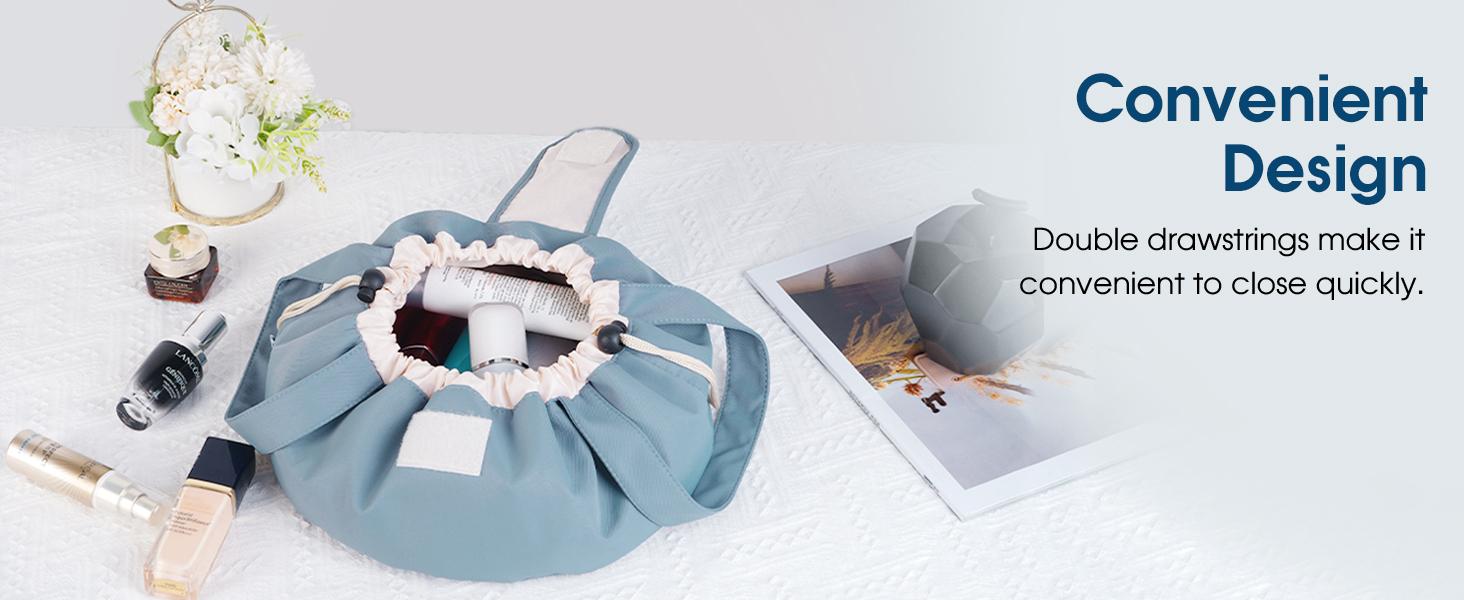 Lay Flat Open Drawstring Cosmetic Bag,Large Capacity Portable Makeup Bag,Cute Make up Bags with Handle,Versatile Storage for Makeup Brushes,Toiletries,Skincare,Brushes & Travel Essentials