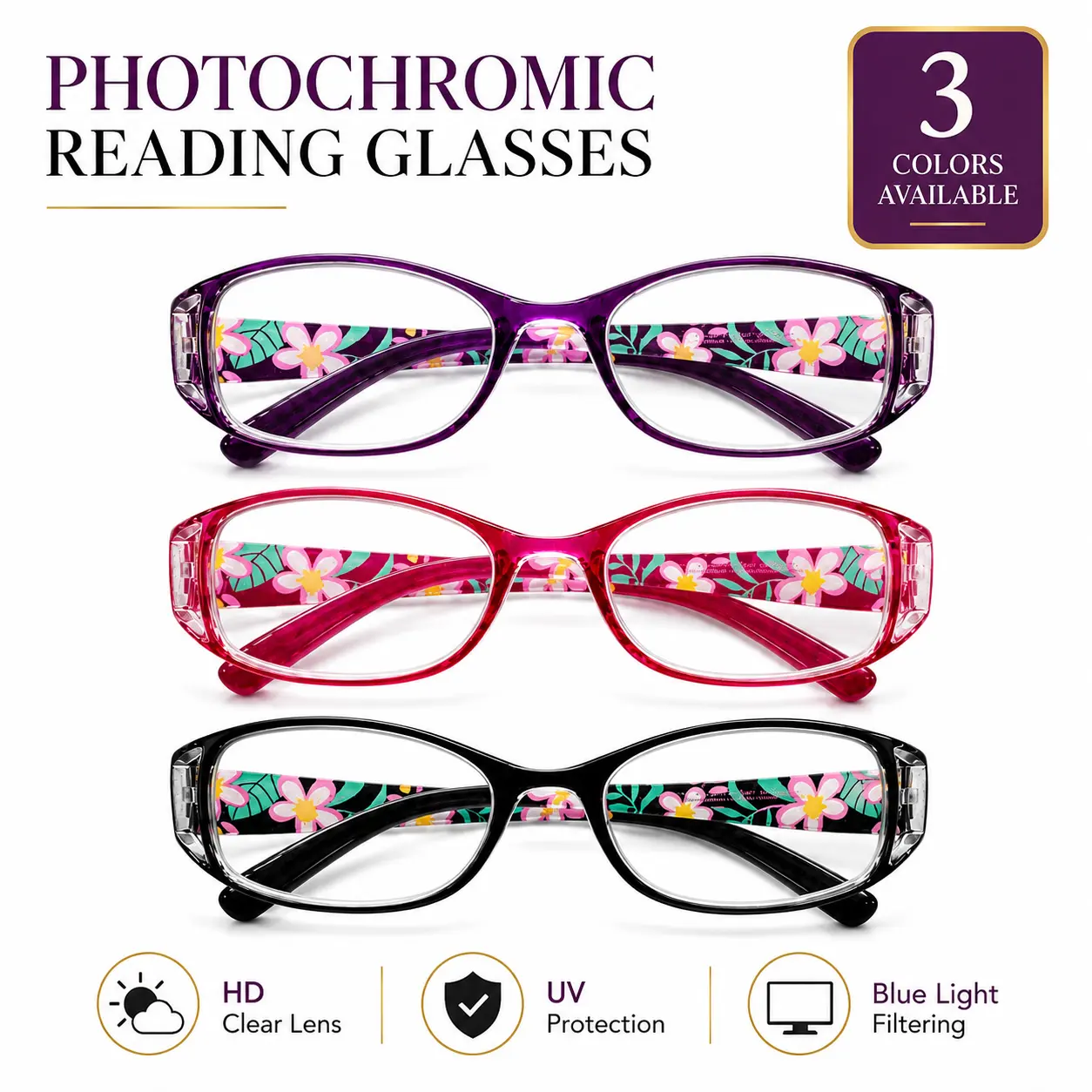 Photochromic Reading Glasses, HD Clear Vision Readers with Blue Light Filtering & UV Protection, Lightweight Color-Changing Eyewear for Indoor Outdoor Use