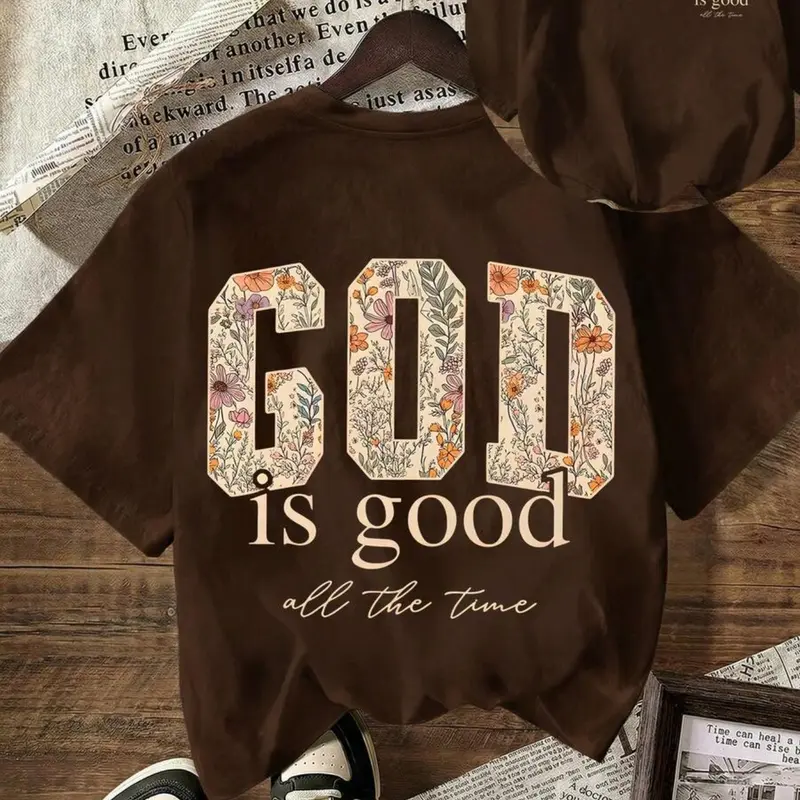 "God is Good All The Time" Floral Graphic Tee for Women Men, Vintage Wildflower Letter Print Short Sleeve T-Shirt, Casual Christian Faith Crewneck Tops,Church, Daily Wear, Bible Study, TikTok Viral Faith-Based Oversized, Loose Tshirt, Gift for Christian
