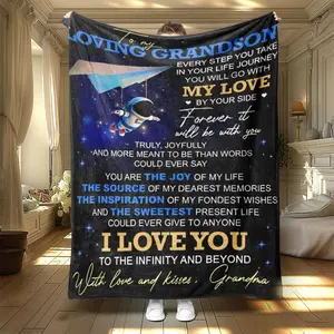 Letter & Astronaut Pattern Flannel Blanket, 1 Count Soft Warm Cozy Throw Blanket, Air-conditioned Room Blanket, Gift for Grandson from Grandma