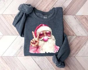 Christmas Bubble Gum Peace Sign Sweatshirt, Santa Blowing Bubble Shirt, Pink Christmas Santa Shirt, Retro Christmas Shirt, Santa Sweatshirt
