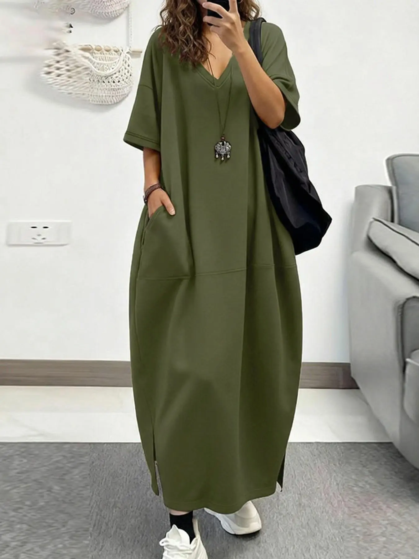ZANZEA Women's Casual V-Neck Half Sleeve Split Long Dress with Pockets, Casual Fit Dress, Stylish Summer Fashion, Comfortable and Elegant Design, Womenswear Elegance, Lady
