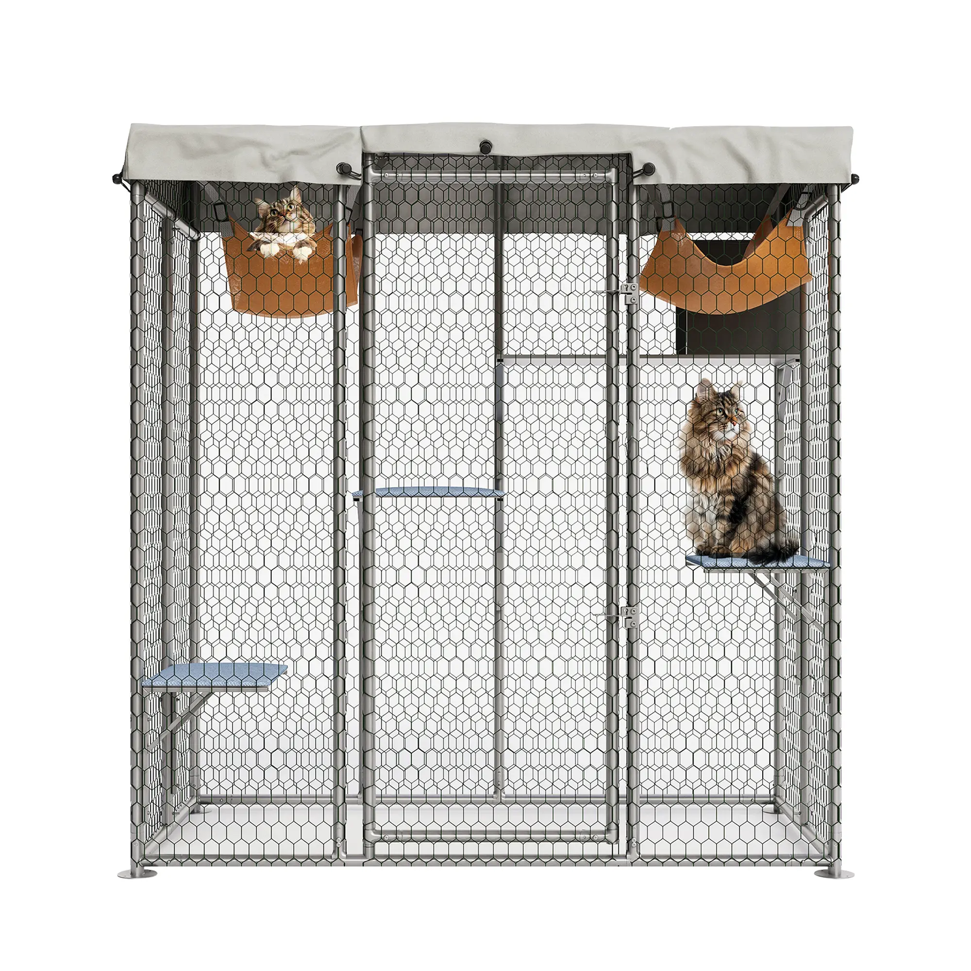 Walk-In Steel Mesh Outdoor Cat Enclosure Catio for Multiple Cats - 4 Platforms, Hammock, Condo, Weatherproof UV-Roofed Roof, Easy-Access Window - Ideal for Garden, Balcony, Patio