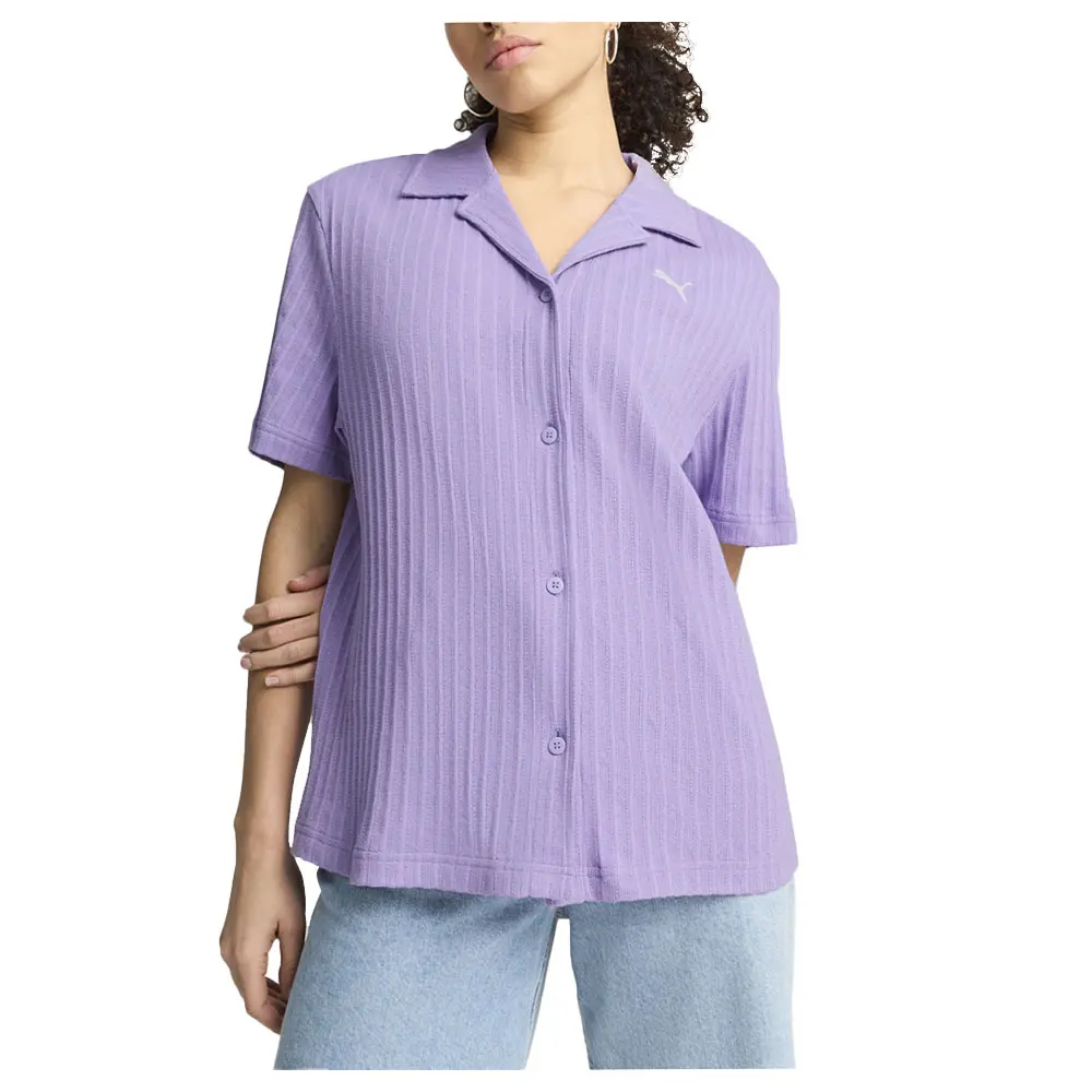 PUMA Womens Wardrobe Essentials Pointelle Short Sleeve Button Up Shirt Casual Tops Casual - Purple