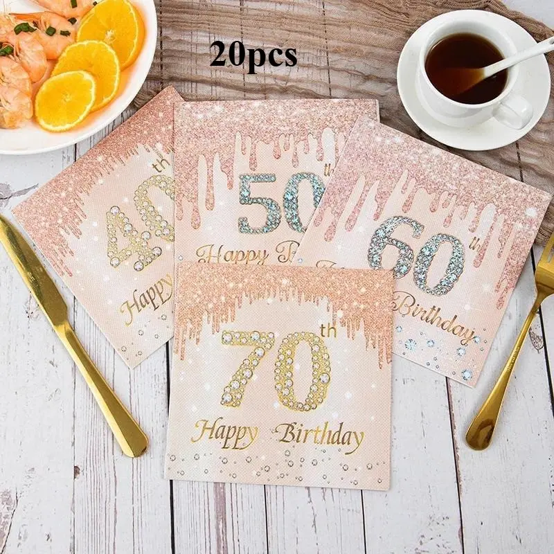 40Pc Rose Gold Number 40th 50th 60th 70th Years Old Disposable Paper Napkins for Women Happy Birthday Party Tissue Decoration Party Supplies Decorative Napkins