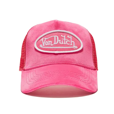 Von Dutch Classic Hot Pink Crush Velvet Trucker Hat - Adjustable 90s Vintage Dad Cap Style Snapback, Breathable Mesh, Bold Logo Streetwear Clothing Accessory