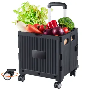 Foldable Utility Cart, 110 lbs Load Capacity, Folding Portable Rolling Crate Handcart with Heavy Duty Telescoping Handle and 4 Rotate Wheels for Travel Shopping Moving Luggage Office Use, Black