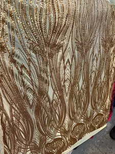 Gold Embroidered Curlicue Sequins on Mesh Lace