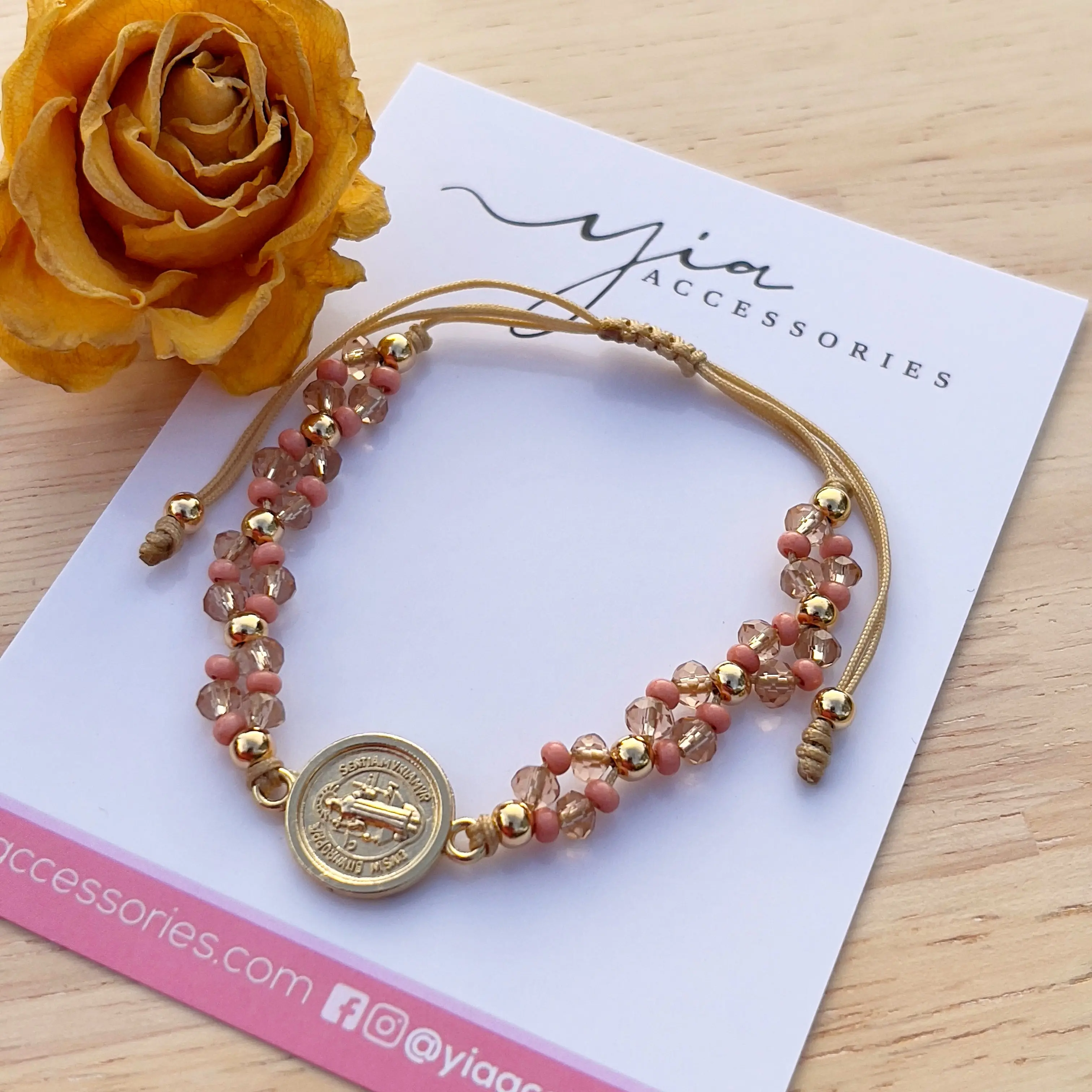 Dusty Rose San Benito Beaded Strand Gold Plated Bracelet - Fashionable Adjustable Slide Bracelet, Handmade Gold Jewelry Aesthetic Gift for Women, Fashionable Bracelet