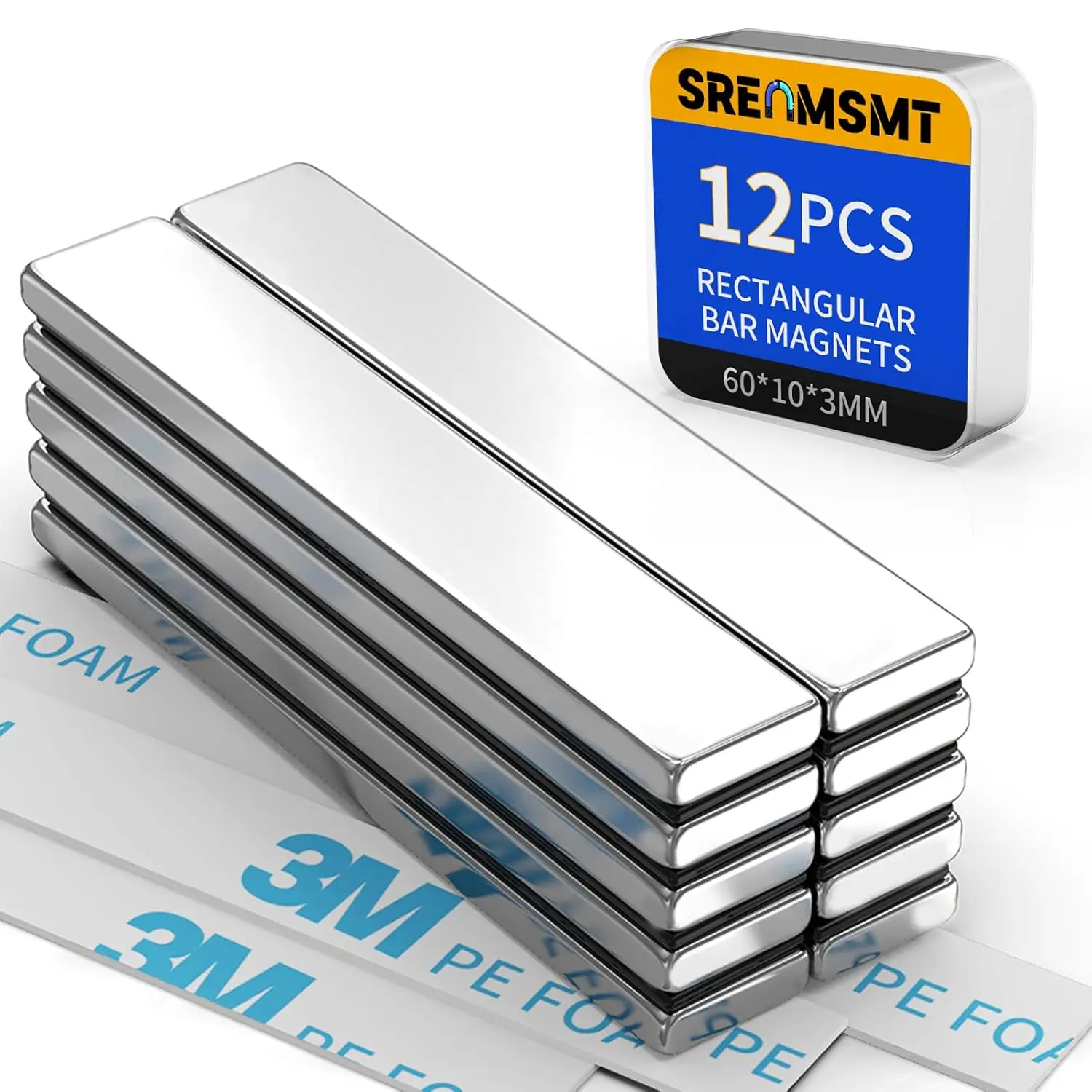 Powerful Neodymium Bar Magnets, 12 Pack Rare Earth Magnets, Heavy Duty Magnets, Rectangular Magnets, Small Magnets Strong for Fridge, DIY, Garage, Kitchen, Science, Craft, Office-60x10x3mm