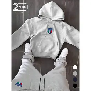 Two-Piece Italia Embroidered Hoodie Set, Italian Flag Shield Logo, Fleece-Lined Hooded Sweatshirt, Matching Joggers, Casual Streetwear
