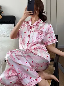 Spring Summer New Valentine's Day Print Women's Pajama Set, Silk Fabric Breathable Comfort, Indoor Outdoor Wear, Casual Home Clothing Two-Piece